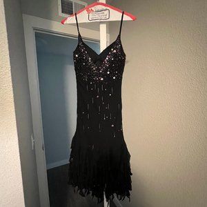 Sue Wong Nocturne Hand Beaded 100% Silk Black Flowing Fringe Cocktail Dress 6